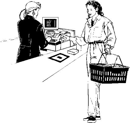 A customer with a shopping basket waiting at a checkout register